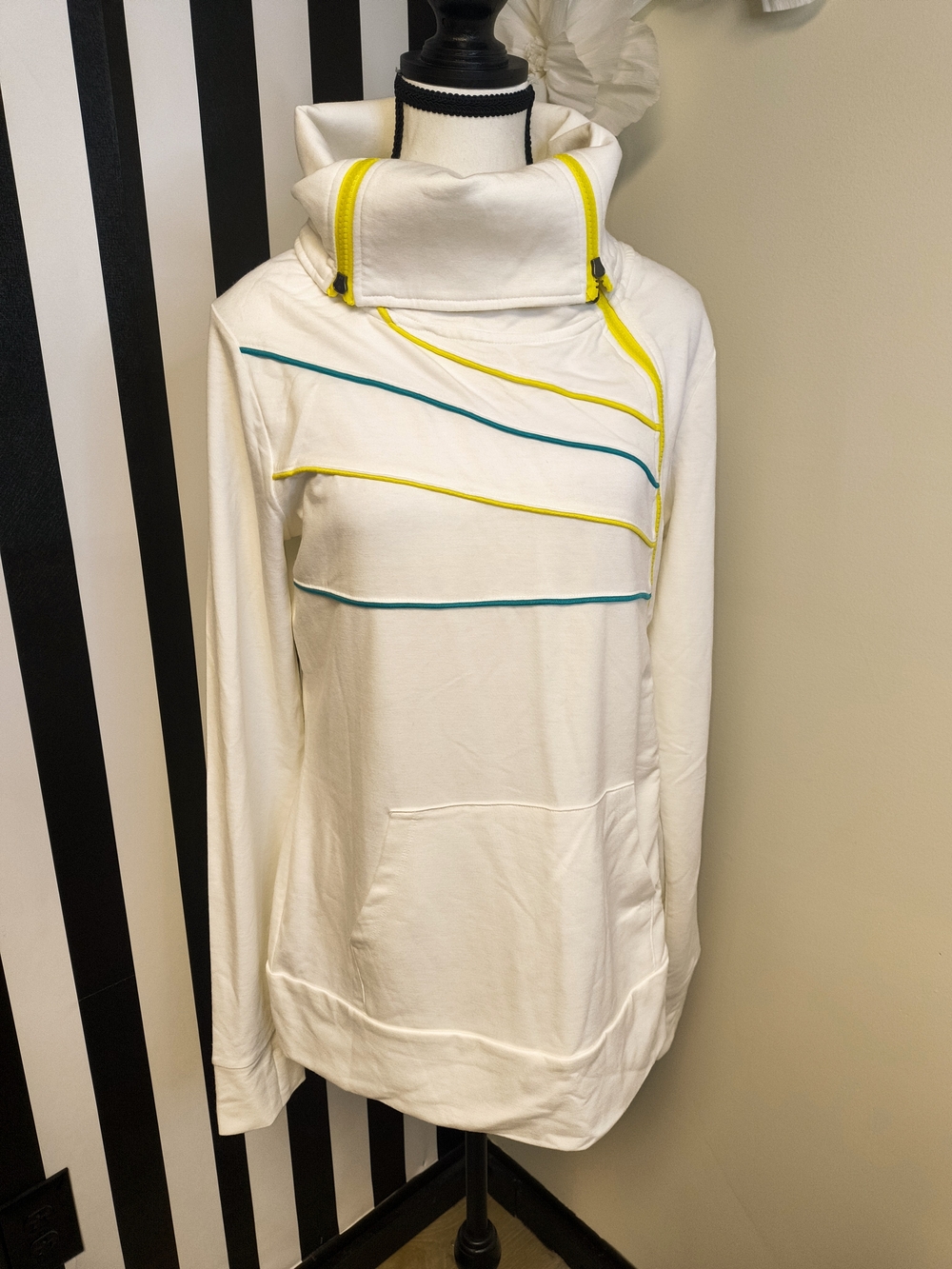 VENUS Cream Funnel Neck Hoodie with Yellow & Teal Trim - Picture 2 of 3